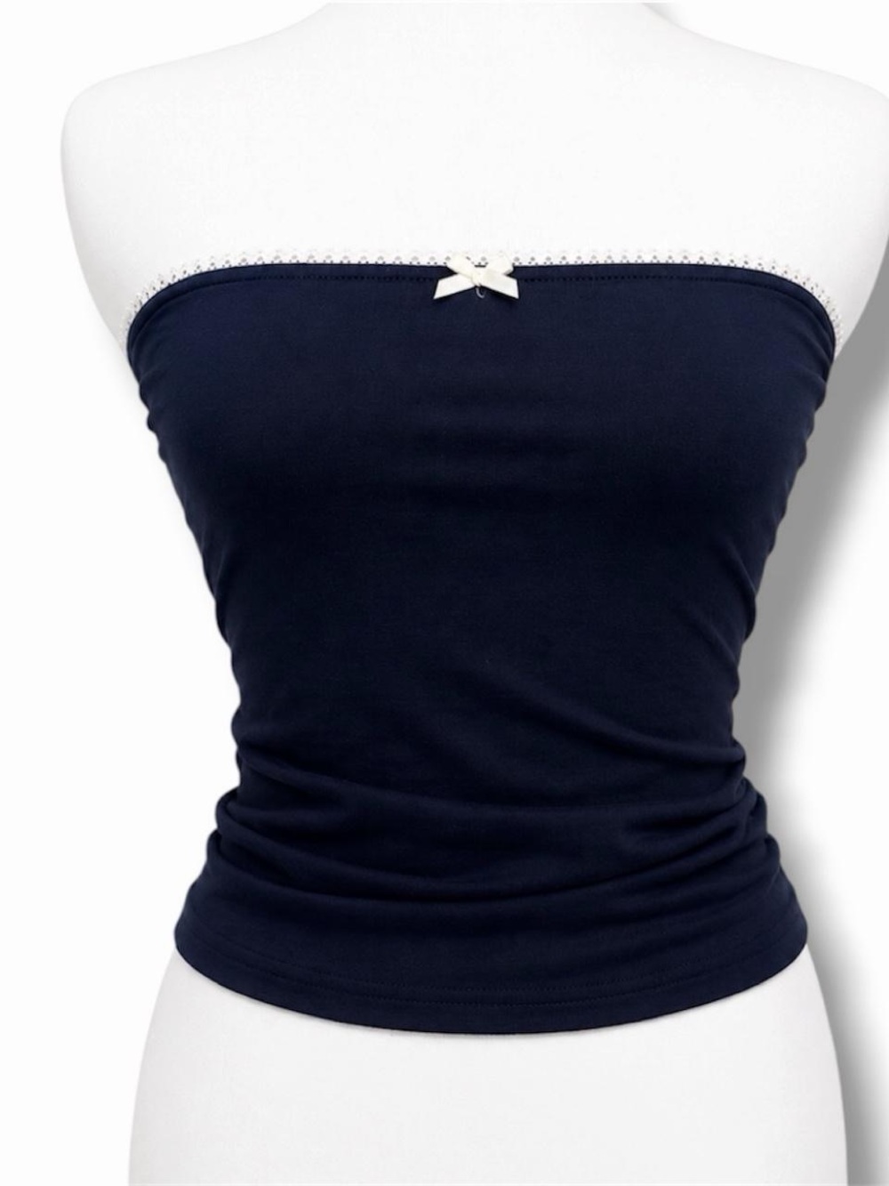 Floreya Navy Strapless Tube Top White Lace Trim Coquette Y2K Small